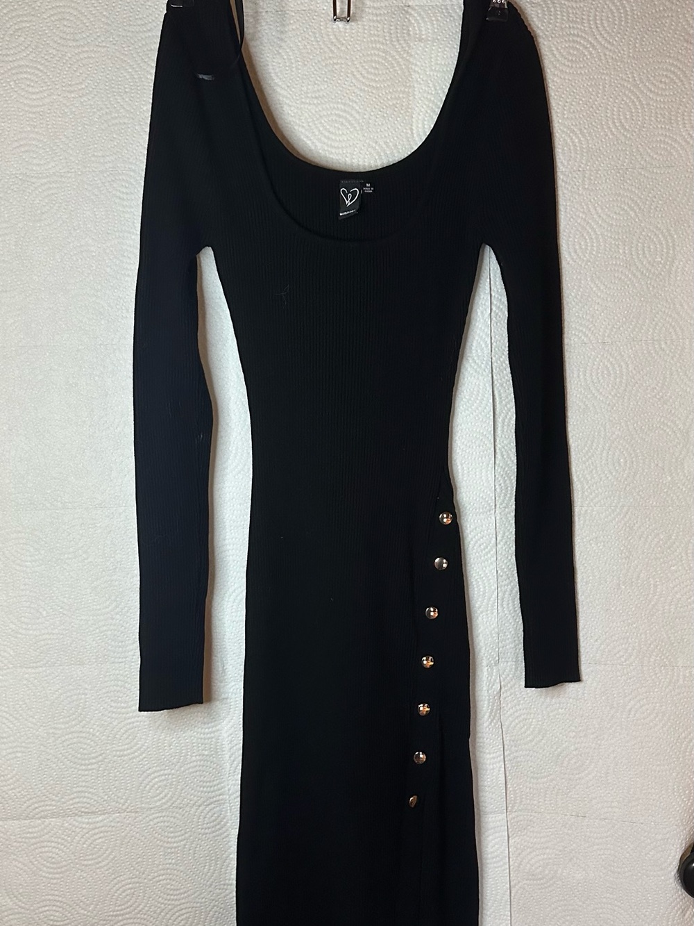 Black Ribbed Long-Sleeve Bodycon Dress with Side Buttons